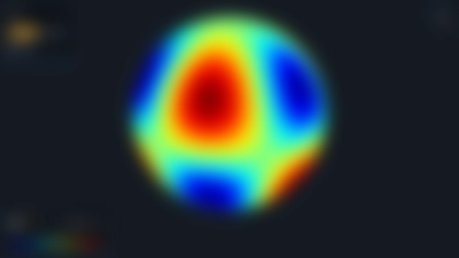 A spherical harmonic on a sphere, in jet colours from blue (negative) to red (positive), with a Tools menu at the upper left and a menu for l and m at the foot